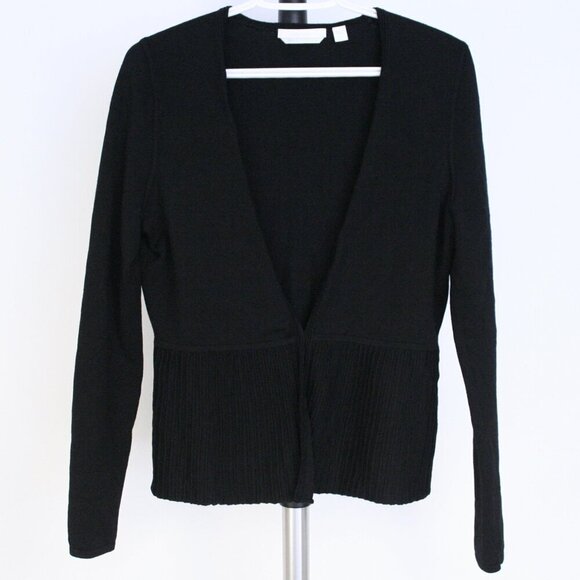 Boss Hugo Boss Fily Black Wool Blend‎ Deep V-Neck Ribbed Peplum Cardigan Sz L - Picture 2 of 13